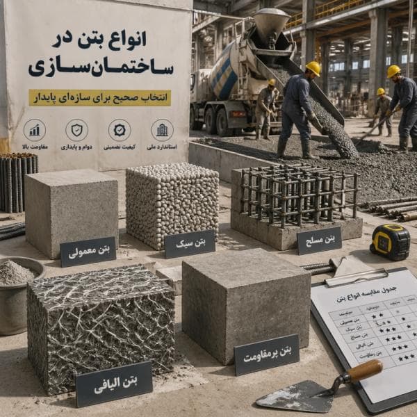 انواع بتن ساختمانی، مواد تشکیل‌ دهنده، نسبت‌های ترکیب، کاربردها و نقش ضدیخ‌ ها در دوام بتن در شرایط مختلف آب‌ و هوایی